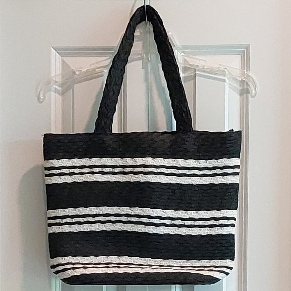 RARE Betmar NY 15th Anniversary Black/White Stripe Woven Shoulder Tote Purse